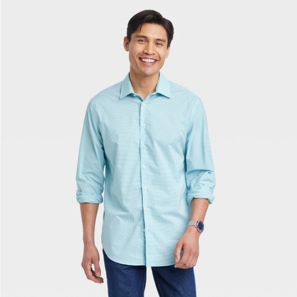 Men's Performance Dress Standard Fit Long Sleeve Button-Down Shirt  Aqua Blue L - Picture 1 of 9
